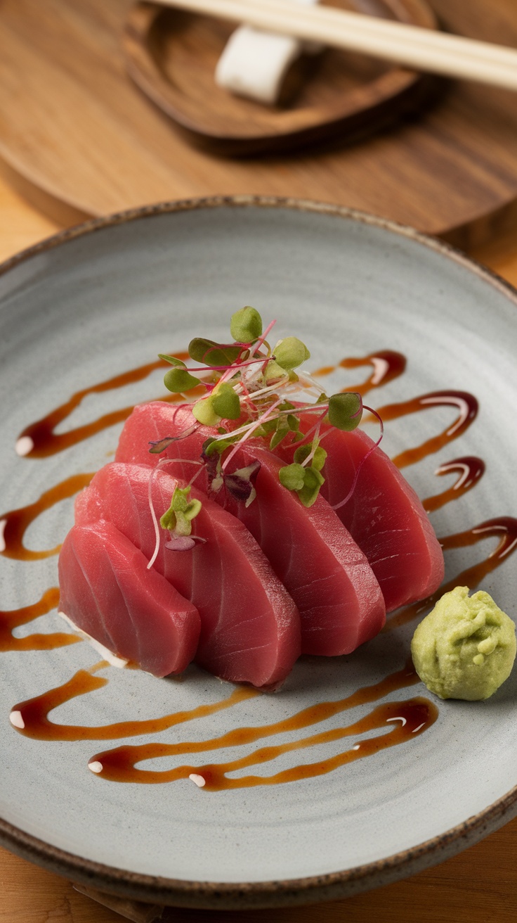 Slices of fresh tuna sashimi on a plate with soy sauce and wasabi