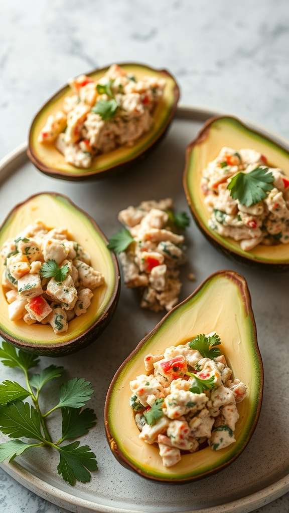 Tuna stuffed avocados on a plate with fresh ingredients.