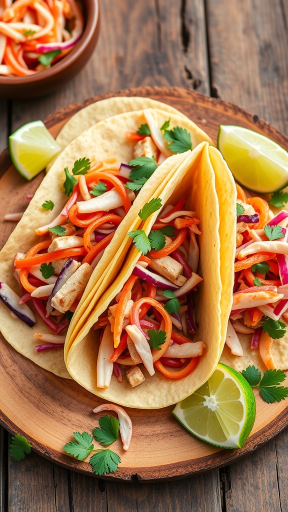 Tuna tacos with slaw on a wooden plate, garnished with lime and cilantro