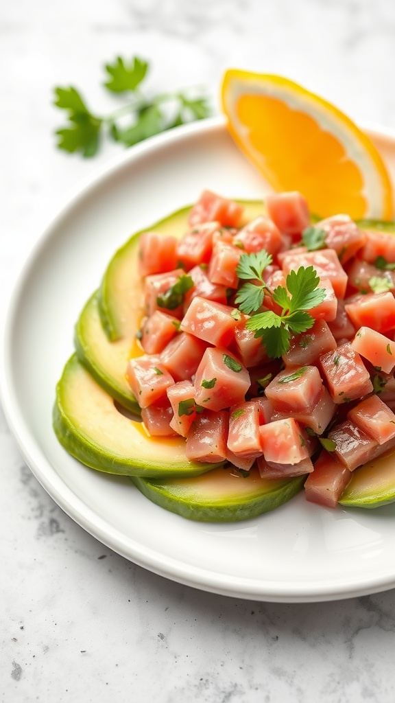 A vibrant plate of tuna tartare with avocado, cilantro, and a slice of lime.