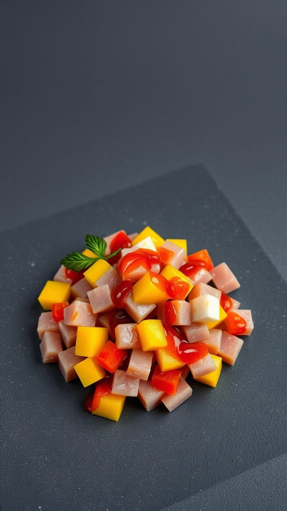 A plate of Tuna Tartare with Mango and Chili, featuring colorful diced tuna, mango cubes, and a drizzle of ketchup.