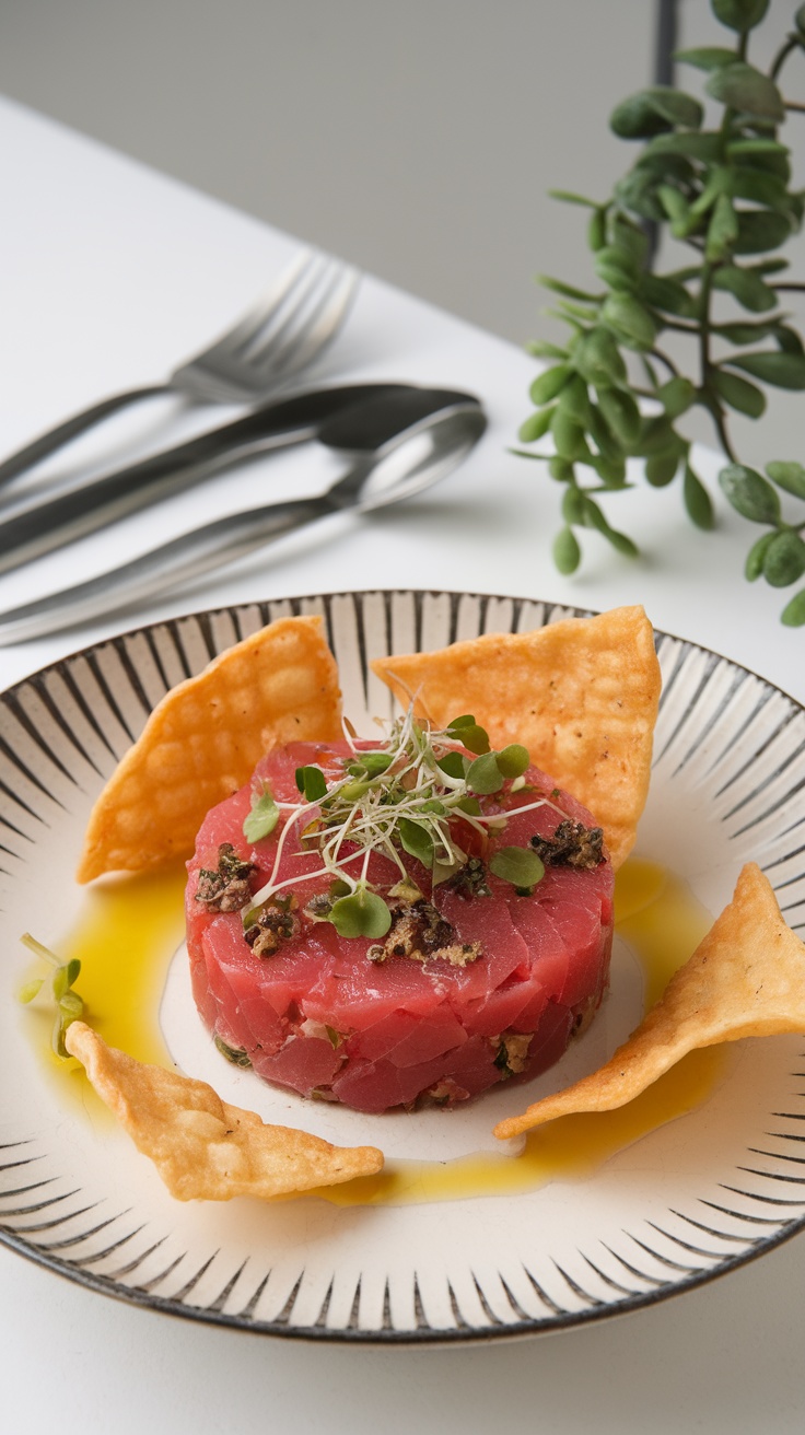 A plate of tuna tartare with tomatoes and truffle oil, served with crispy crackers.