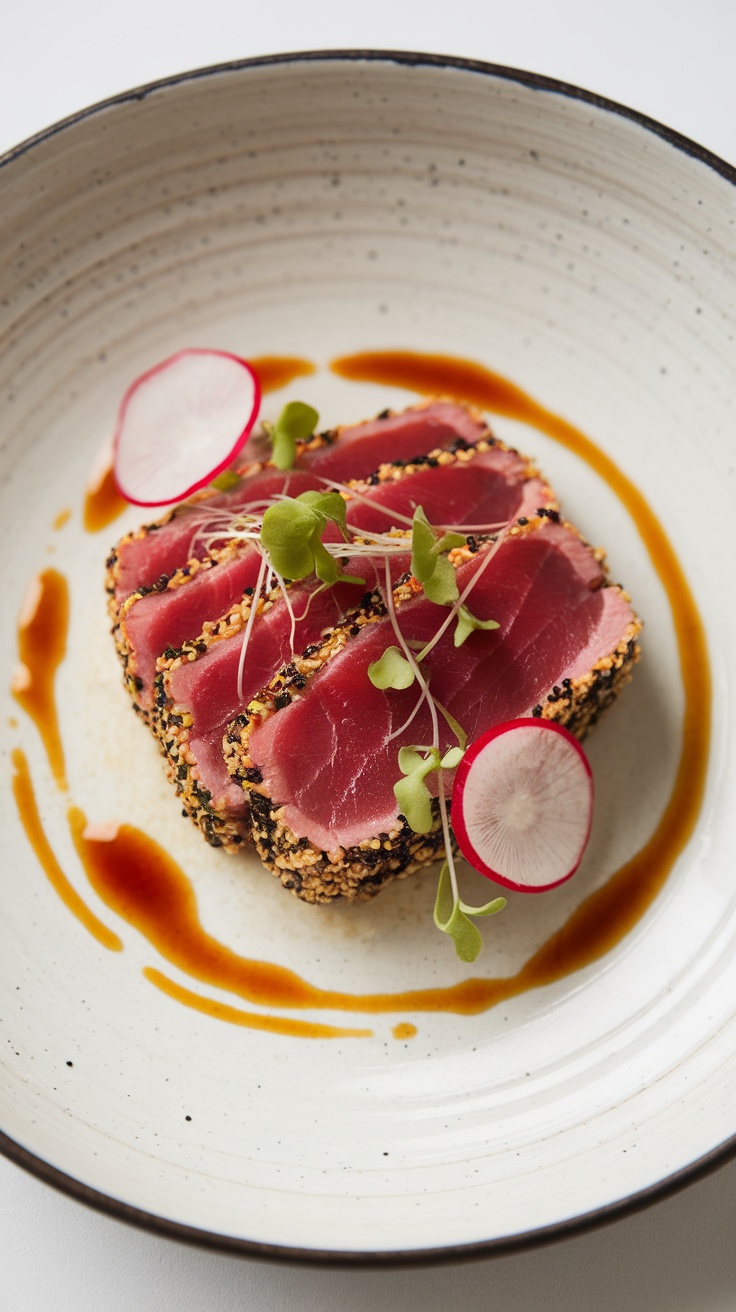 Plated tuna tataki with sesame seeds, radish slices, and dipping sauce on a wooden table.