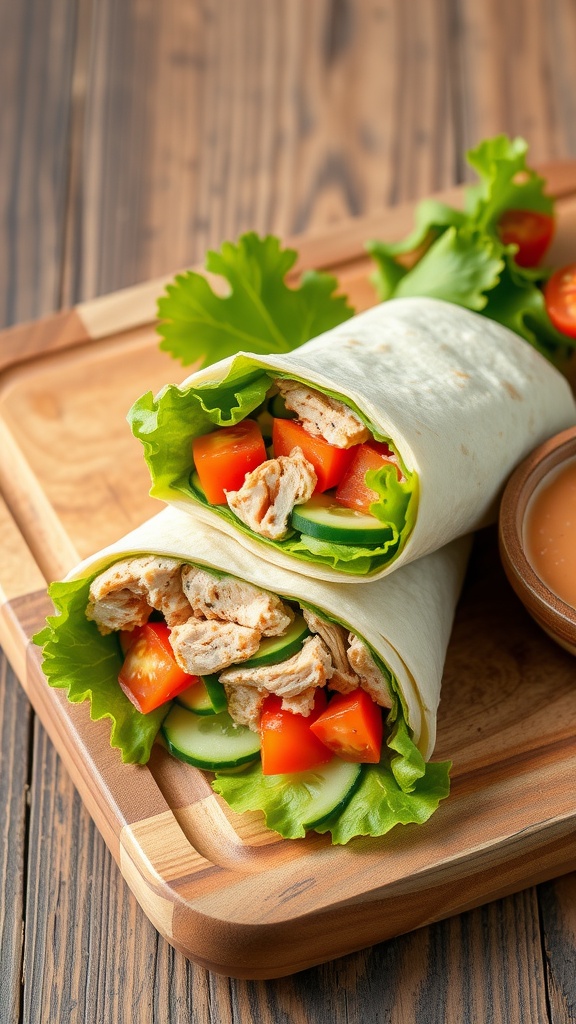 Tuna wraps with fresh vegetables on a wooden platter.