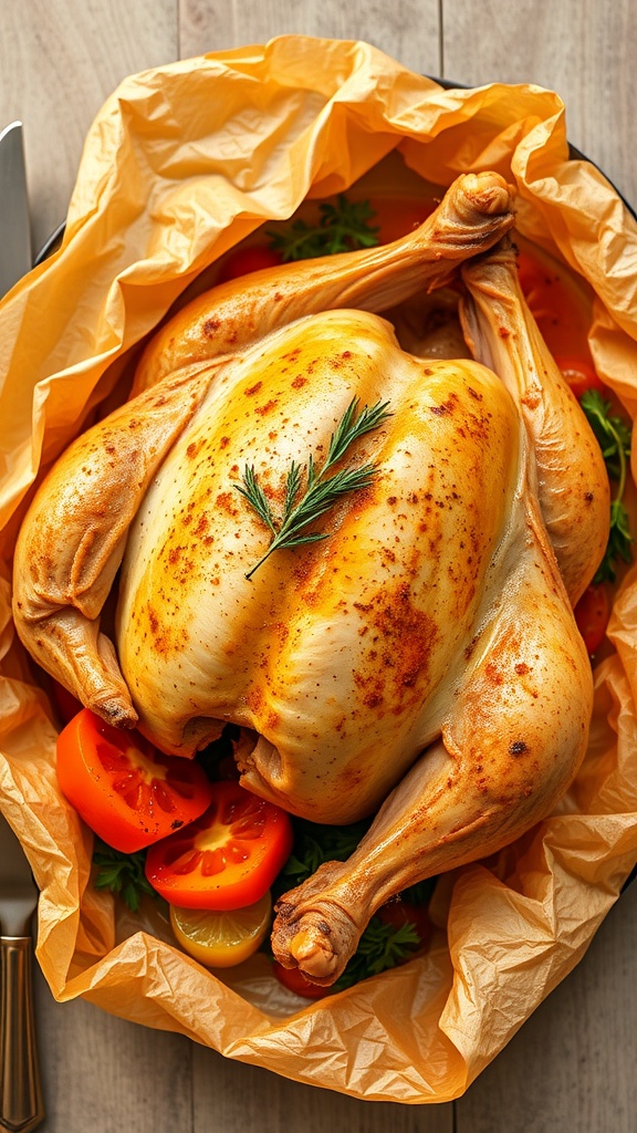 A beautifully roasted turkey wrapped in parchment paper with herbs and colorful vegetables.