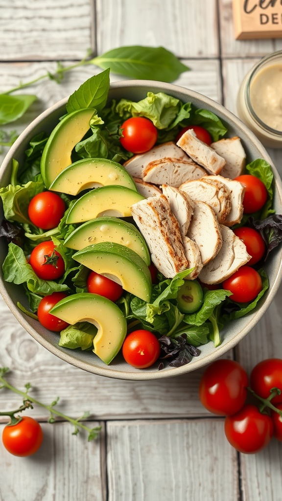 A healthy turkey salad with sliced turkey, avocado, cherry tomatoes, and greens in a bowl.