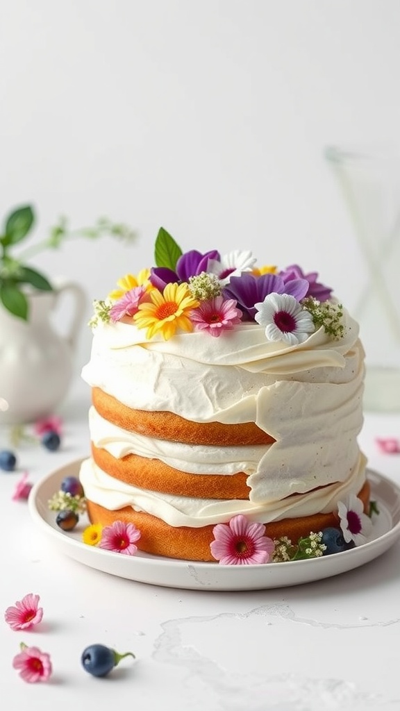 A beautifully decorated Vanilla Bean Buttercream Cake with fresh flowers and berries.
