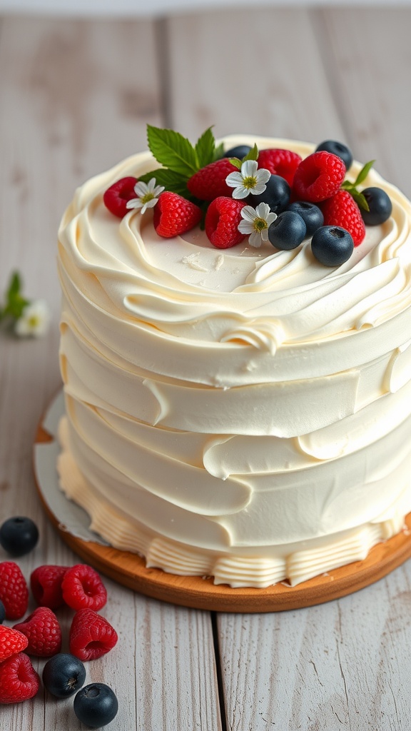 A beautifully decorated Vanilla Bean Buttercream Cake topped with fresh raspberries, blueberries, and flowers, placed on a wooden surface.