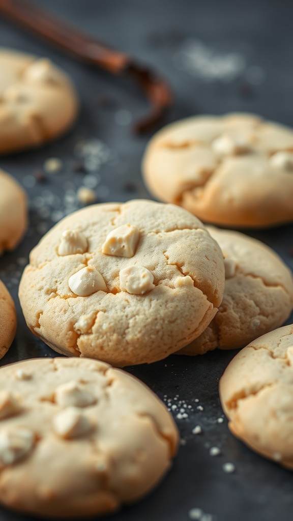 Freshly baked vanilla bean cookies with white chocolate chips on a dark surface.