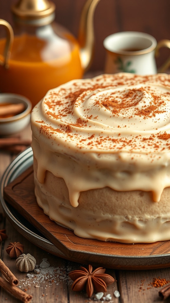 A deliciously decorated Vanilla Chai Cake with warm spices and creamy frosting.