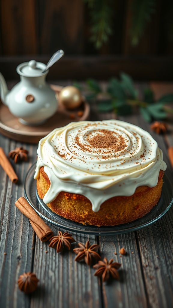 A beautifully decorated Vanilla Chai Cake topped with creamy frosting and sprinkled with cinnamon, surrounded by spices like cinnamon sticks and star anise.