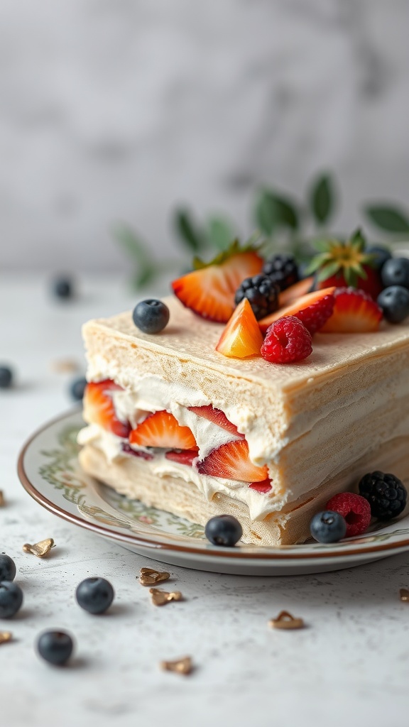 Vanilla Matzah Cake topped with fresh berries on a decorative plate.