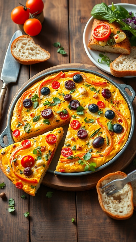 A delicious vegetable and cheese frittata on a wooden table, surrounded by fresh tomatoes and bread.