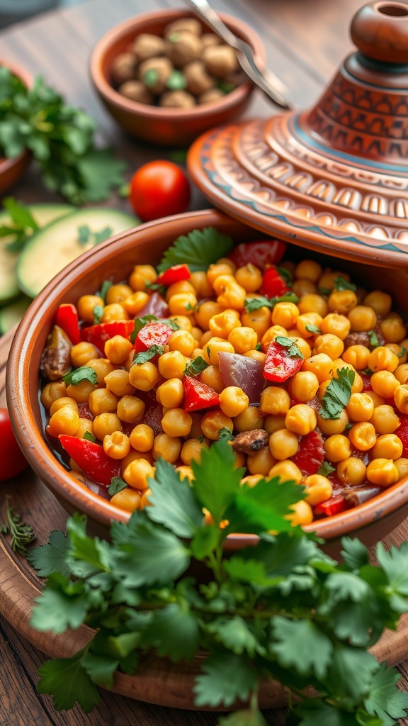 A colorful vegetable and chickpea tagine in a traditional pot, surrounded by fresh herbs.