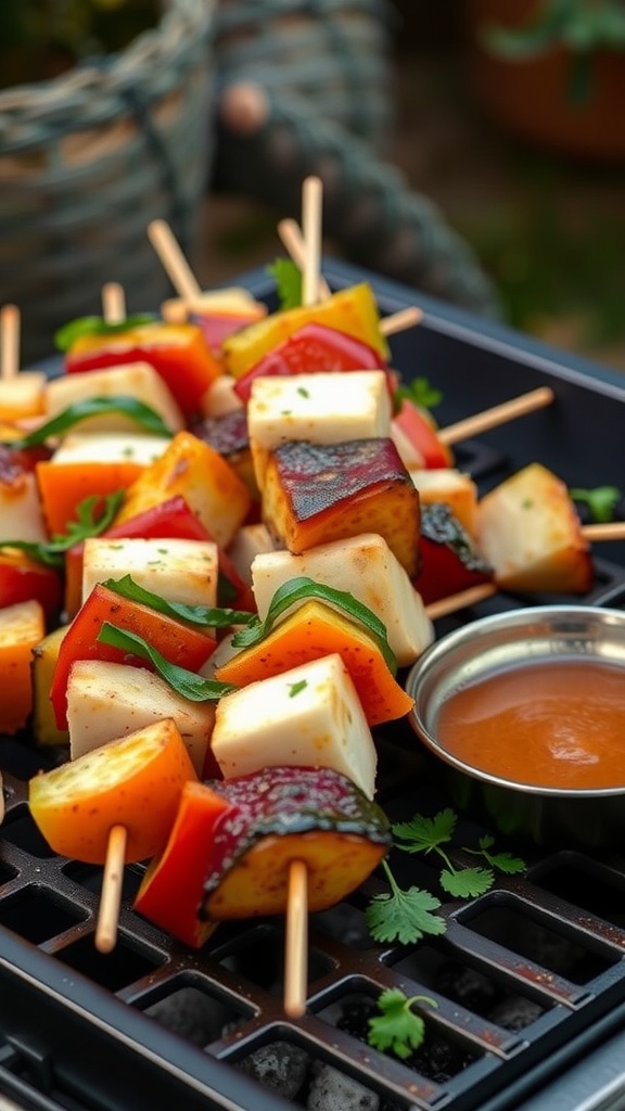 Colorful vegetable and halloumi skewers on a grill, accompanied by a small bowl of sauce