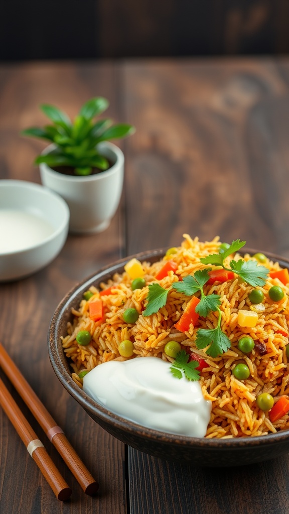 A bowl of Vegetable Biryani with colorful vegetables and cilantro, served with a side of yogurt.