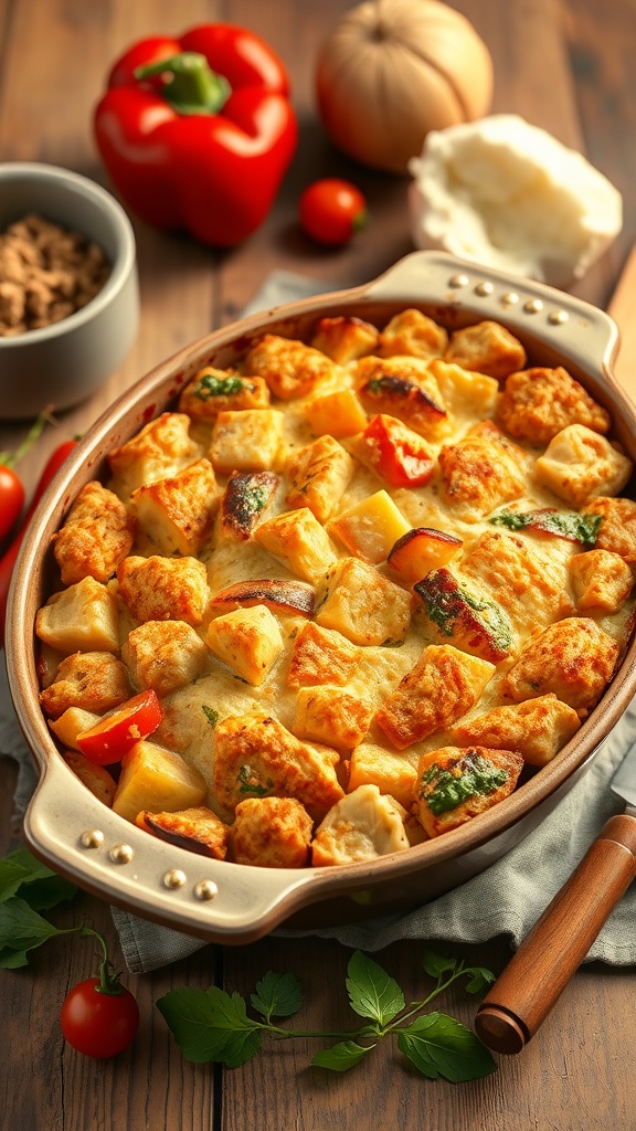 A delicious vegetable chicken casserole with chunks of chicken and assorted vegetables, topped with a golden crust, surrounded by fresh vegetables.