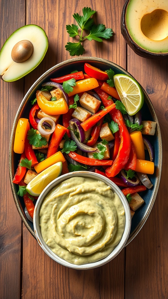 A plate of colorful vegetable fajitas with guacamole and lime wedges on the side.