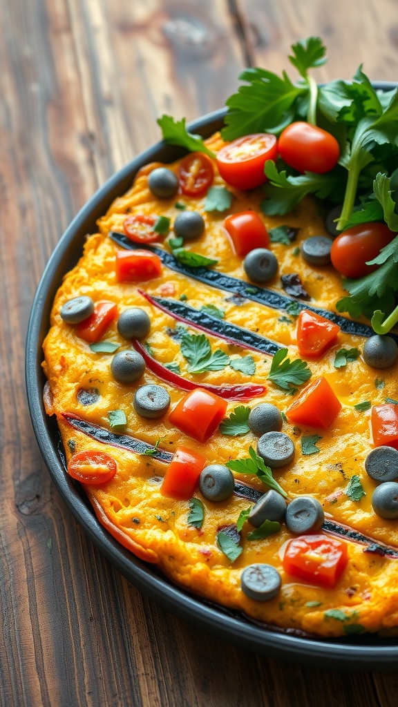 Vegetable frittata with herbs and salad on a wooden table.