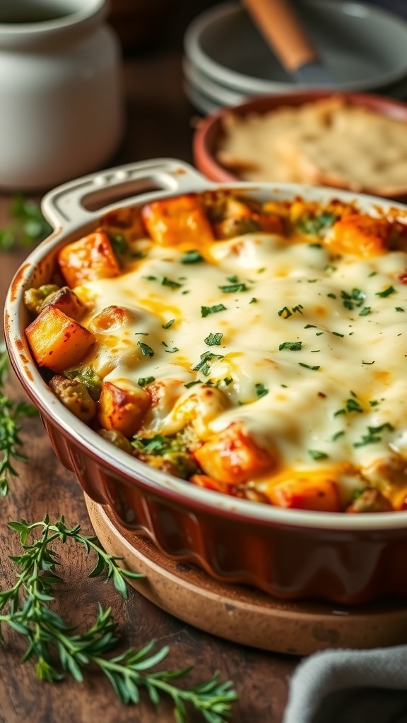 A baked vegetable gratin topped with cheese, displayed in a rustic dish, surrounded by herbs.