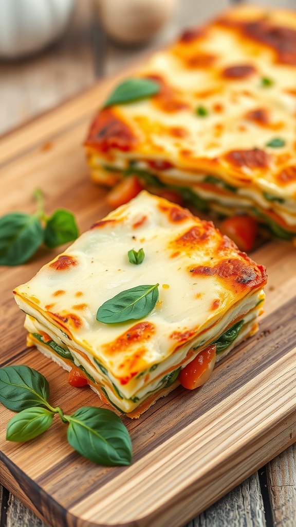 A delicious slice of vegetable lasagna on a wooden cutting board garnished with fresh basil.