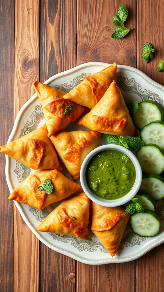 A plate of vegetable samosas served with mint chutney and sliced cucumbers