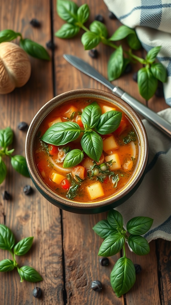 A bowl of vegetable soup garnished with basil leaves on a wooden table.