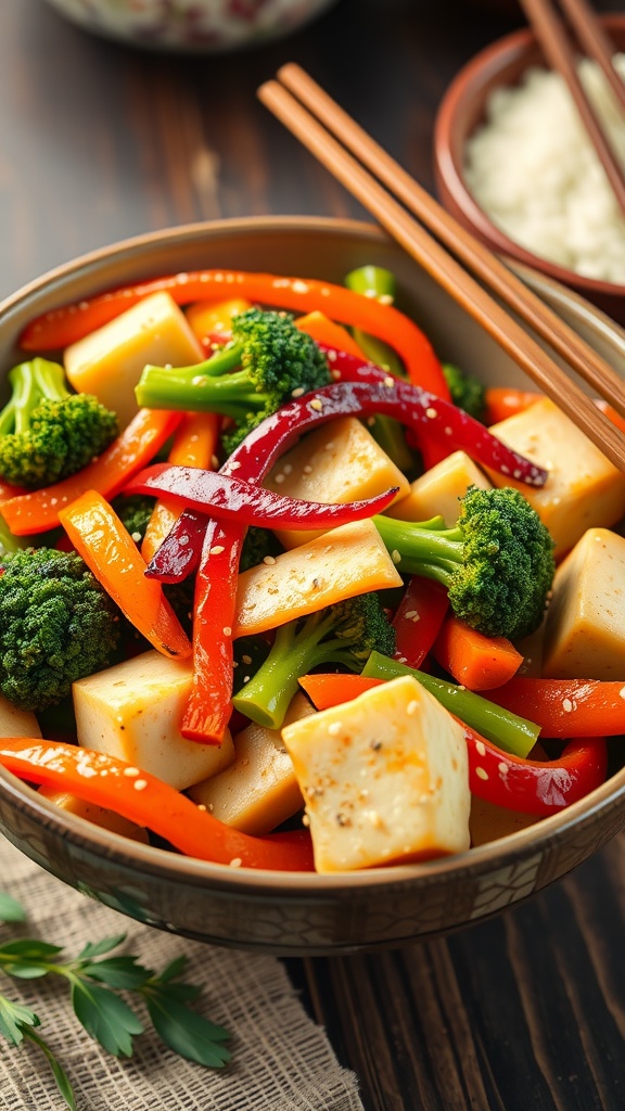 A colorful bowl of vegetable stir-fry with tofu, featuring broccoli, bell peppers, and cherry tomatoes, garnished with sesame seeds.