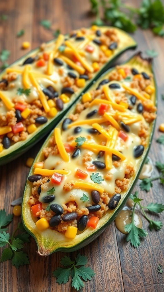 Vegetarian stuffed zucchini boats filled with quinoa, black beans, corn, and topped with cheese.