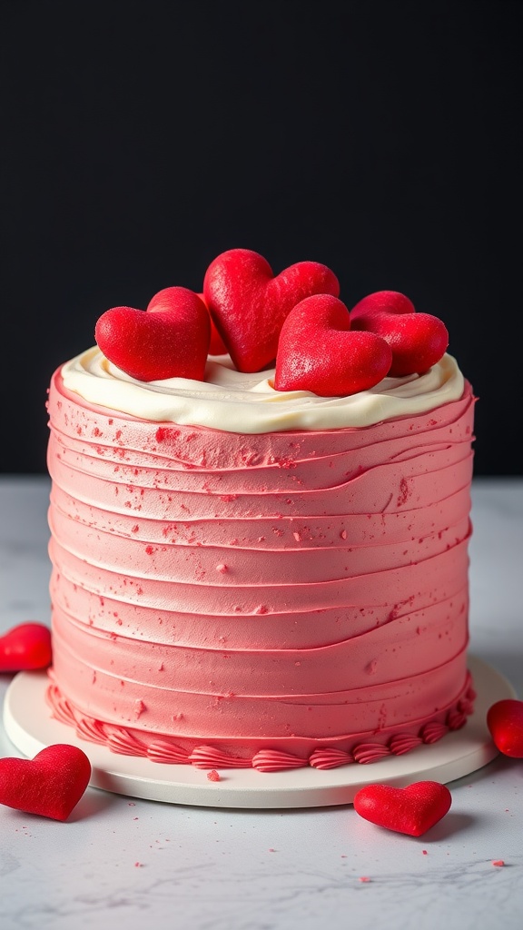 A beautifully decorated red velvet cake topped with heart-shaped decorations.