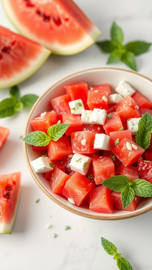 A bowl of watermelon feta salad garnished with mint leaves, surrounded by fresh watermelon slices.