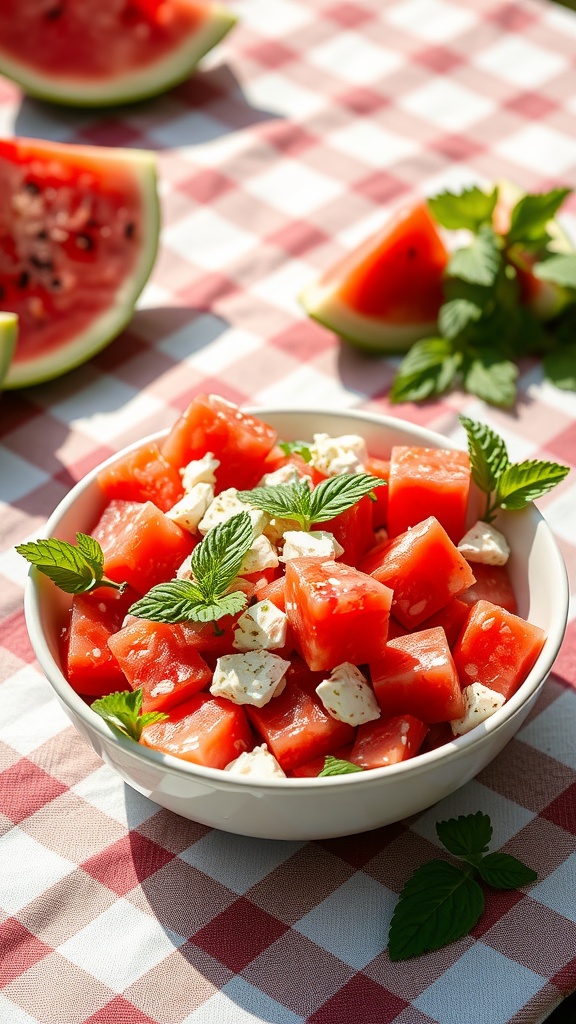A bowl of watermelon feta salad with fresh mint leaves on a checkered tablecloth.