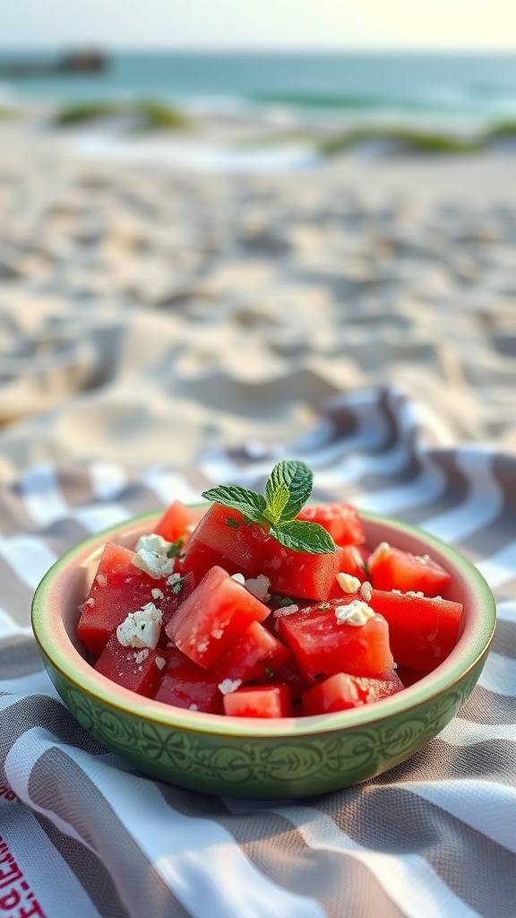 A bowl of watermelon feta salad with mint on the beach, ready to be enjoyed.