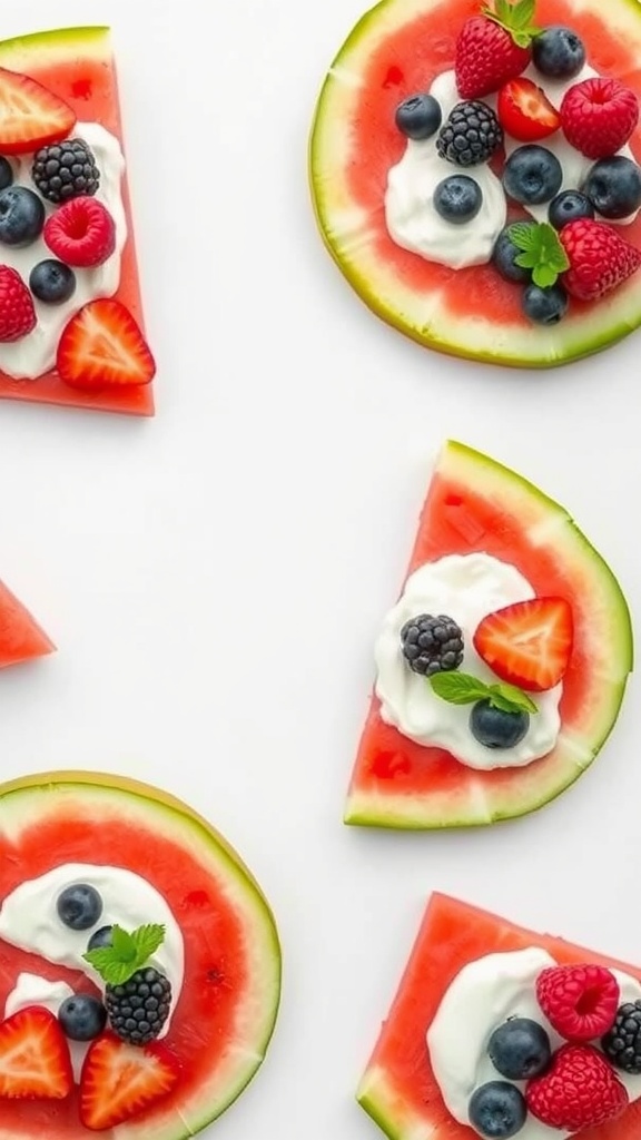 Slices of watermelon shaped like pizza, topped with yogurt and mixed berries.