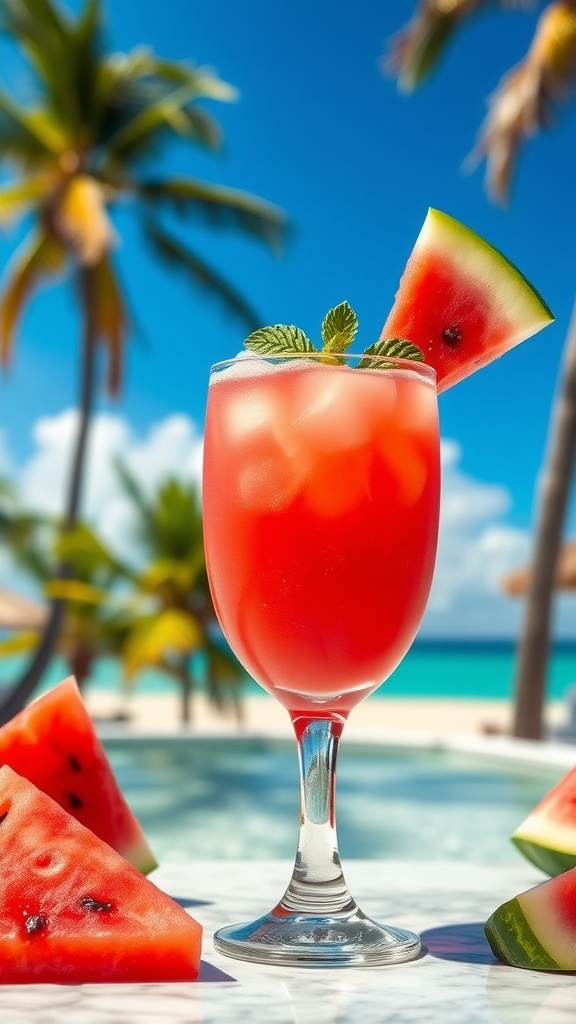 A refreshing Watermelon Rum Splash cocktail with a slice of watermelon and mint, set against a beach backdrop with palm trees.