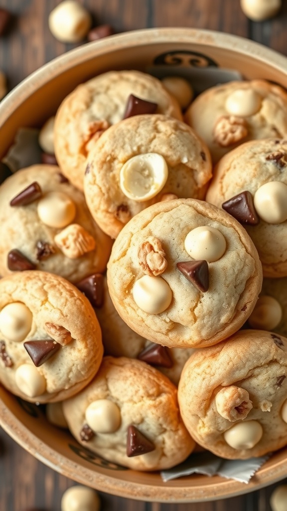 A bowl of White Chocolate Macadamia Nut Cookies with chocolate chips and nuts scattered around.