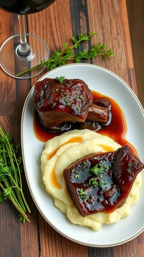 A plate of wine-braised steak short ribs served with mashed potatoes and garnished with herbs, accompanied by a glass of red wine.
