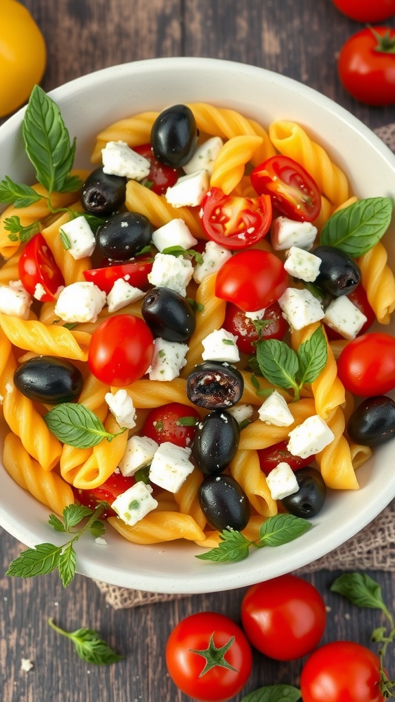 A bowl of Zesty Greek Pasta Salad with cherry tomatoes, black olives, feta cheese, and fresh herbs.