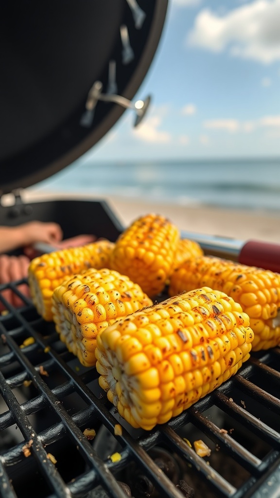 Grilled corn on the cob on a barbecue grill at the beach