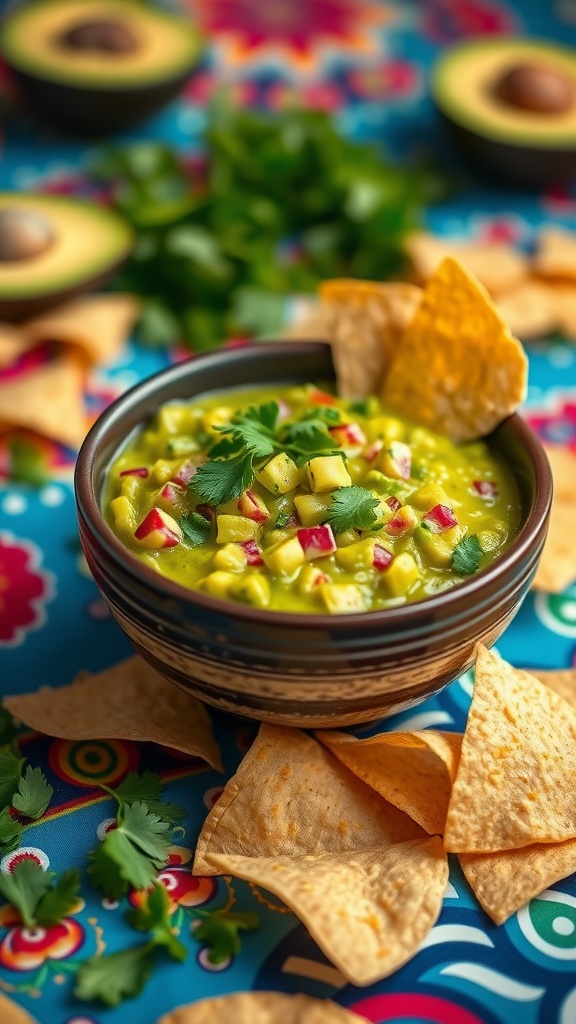 A bowl of guacamole topped with cilantro and surrounded by tortilla chips on a colorful table.