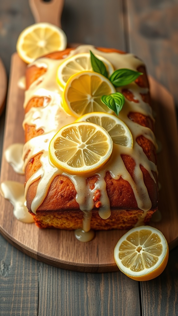 A lemon drizzle cake topped with lemon slices and a citrus glaze on a wooden serving board.