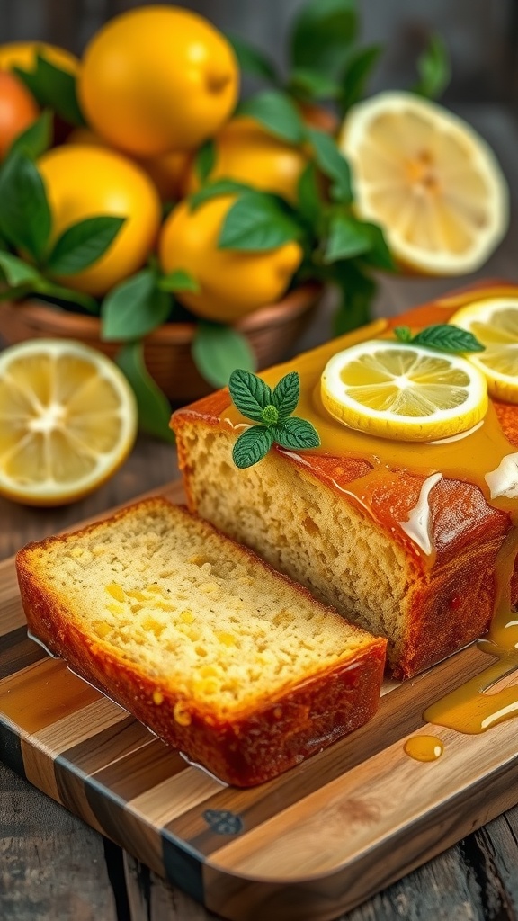 A zesty lemon drizzle cake with a slice cut out, surrounded by fresh lemons.