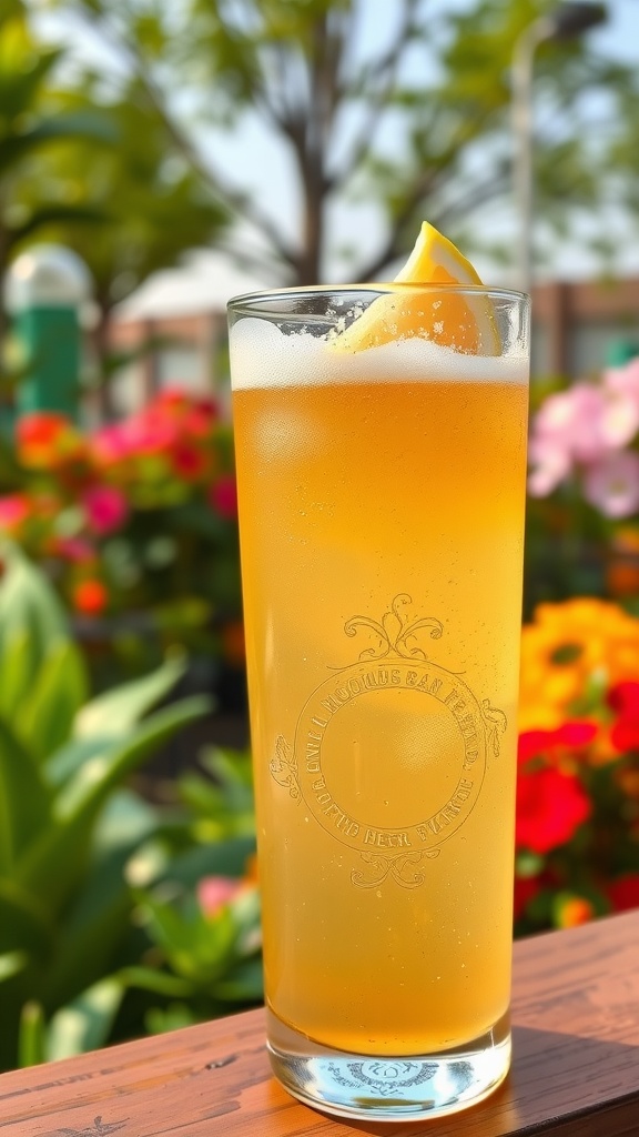 A glass of Zesty Lemon Wheat Beer garnished with a lemon slice, set against a colorful floral background.
