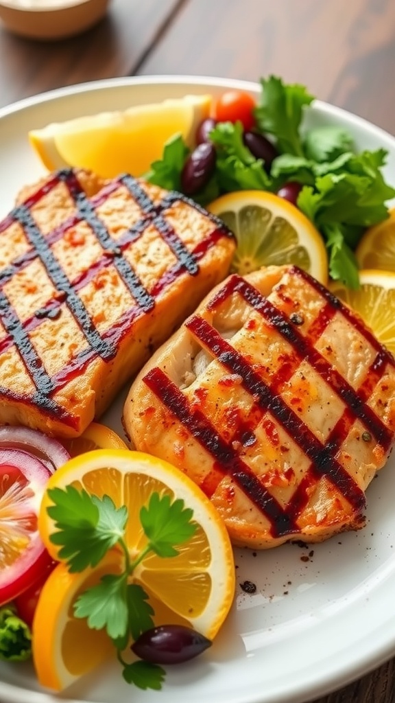 Grilled pork chops with citrus slices and colorful vegetables on a plate