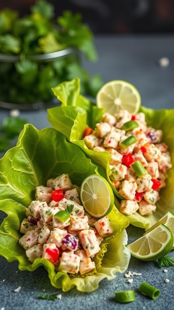 Lettuce wraps filled with colorful tuna salad and lemon wedges