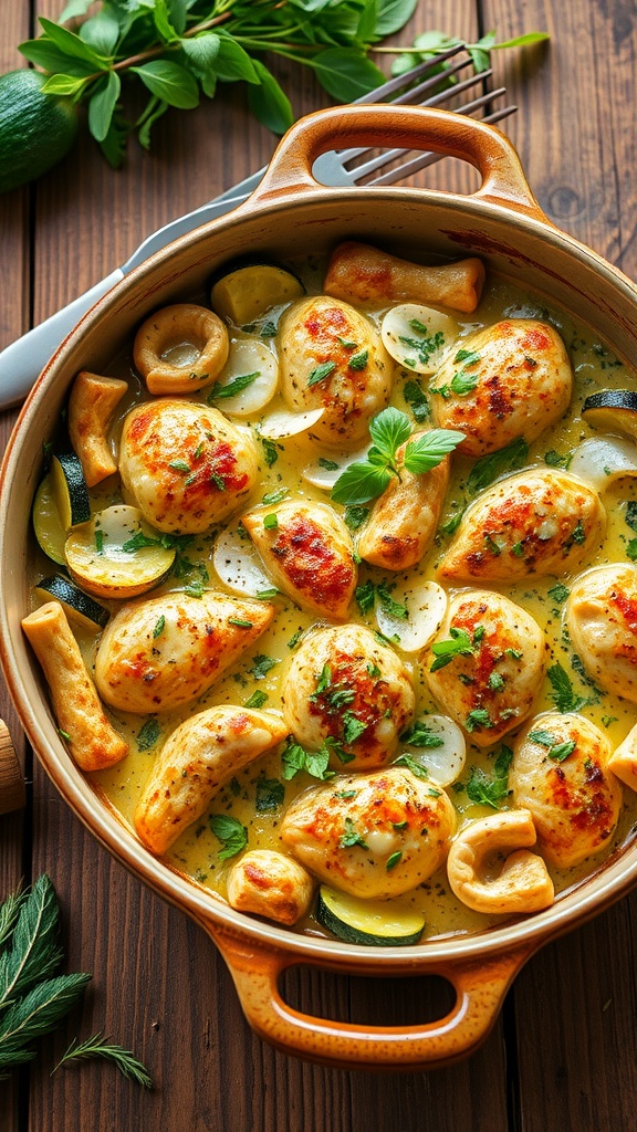 A delicious zucchini and chicken casserole with golden cheese and fresh herbs on a wooden table.