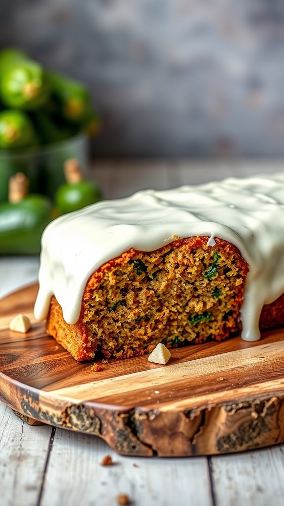 A slice of zucchini bread cake topped with cream cheese frosting on a wooden platter.