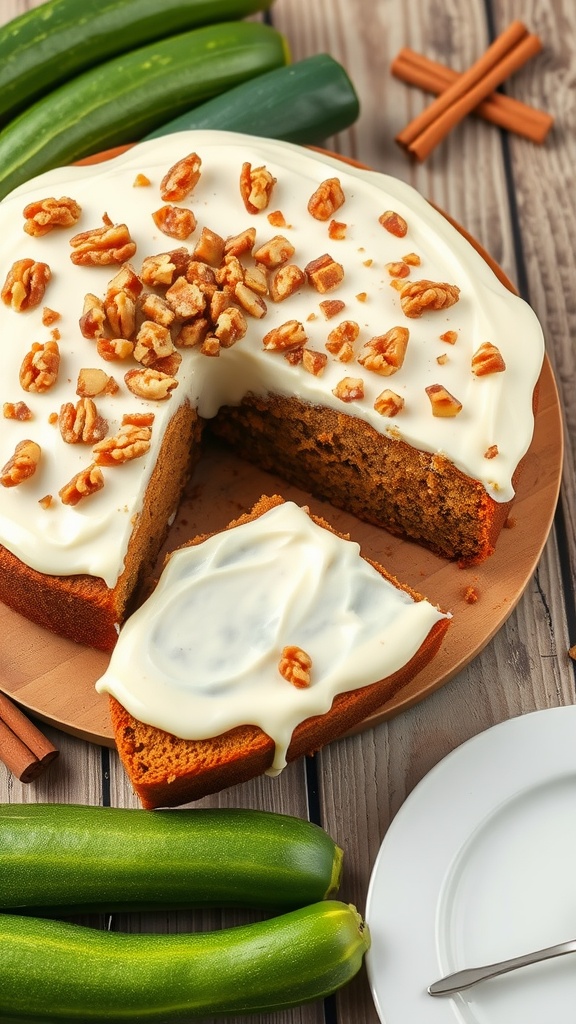 A zucchini bread cake with cream cheese frosting and pecans on top, surrounded by fresh zucchinis and cinnamon sticks.