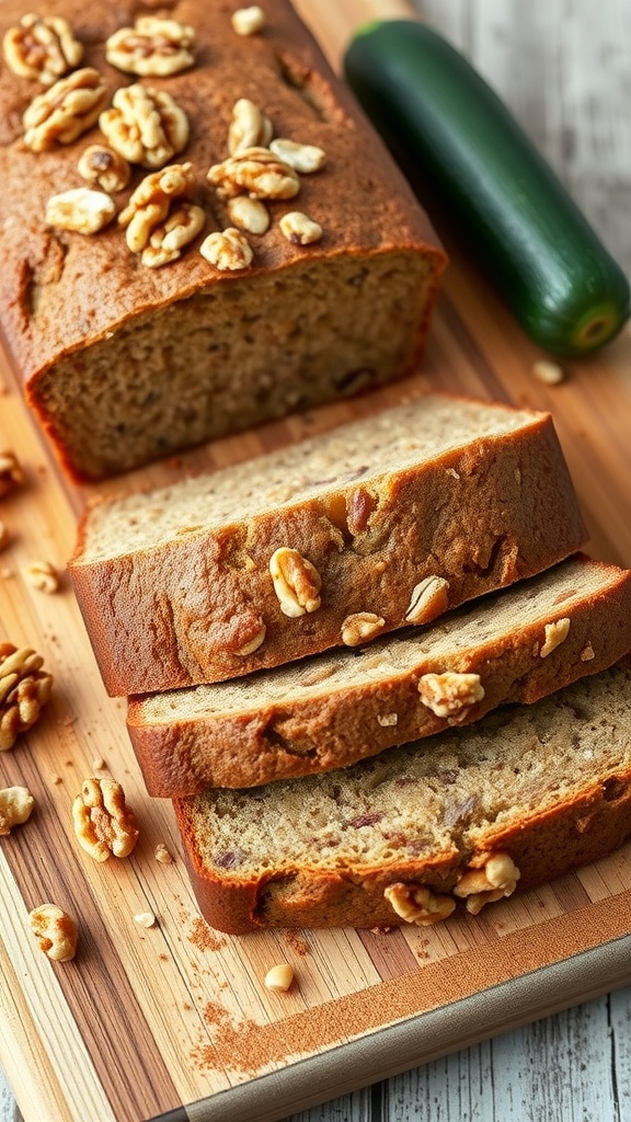 A loaf of zucchini bread with walnuts sliced and displayed on a wooden cutting board.