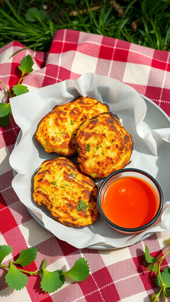 Delicious zucchini fritters served with dipping sauce on a picnic blanket.